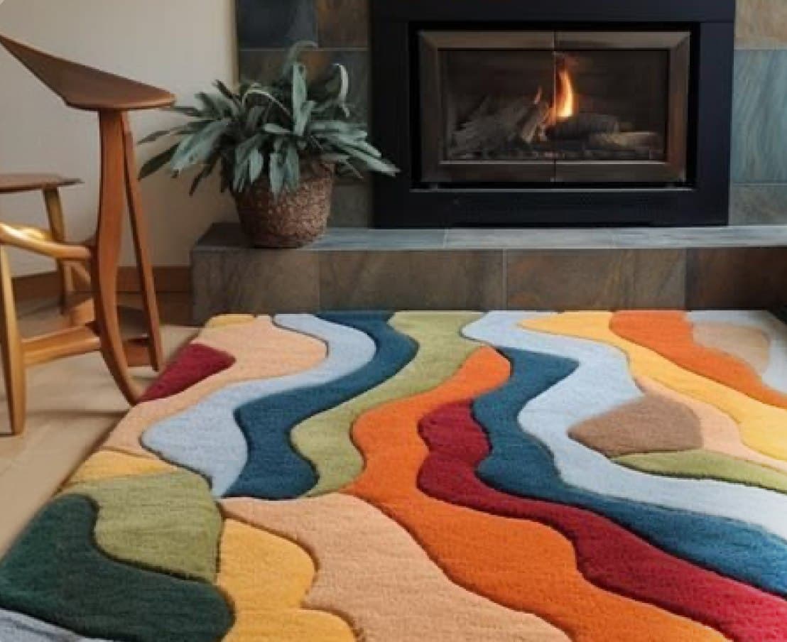 Living room with fireplace and a colorful patterned rug